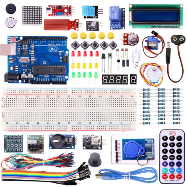 Arduino microcontroller kit with a variety of electronic components, including an Arduino Uno board, breadboard, resistors, LEDs, motors, a remote control, and jumper wires, arranged on a white background.