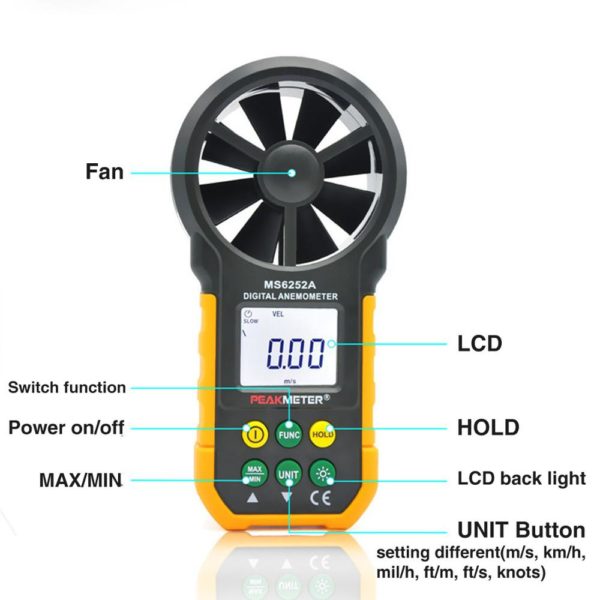 PEAKMETER MS6252A Multifunctional Digital Anemometer Air Volume Tachometer Wind Air Speed Tester  C - Image 2