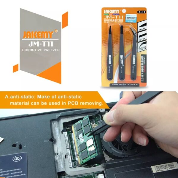 JAKEMY JM-T11 3in1 Anti-static Tweezers Kit Heat Resistant Flat Pointed Curved Tweezers - Image 2