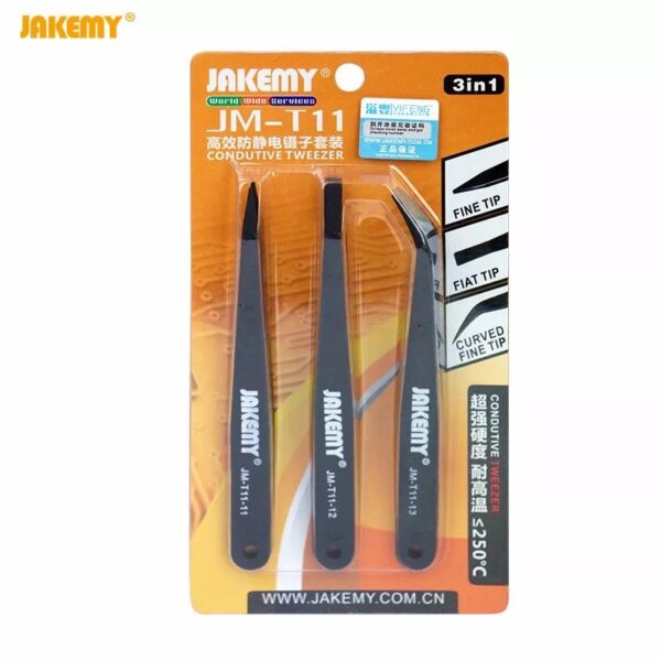 JAKEMY JM-T11 3in1 Anti-static Tweezers Kit Heat Resistant Flat Pointed Curved Tweezers